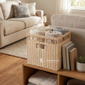 Natural Woven Rattan Eco-Friendly Classical Square Storage <b>Basket</b> with Handle for Home Office <b>Shelf</b> Organizer - Product Image 5