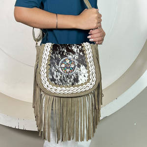 <b>Boho</b> Western Designer Hand Tooled Genuine Leather Fringe <b>Bag</b> Shoulder Leather Handbag With Fringe Suede Perfect for Women's - Product Image 5
