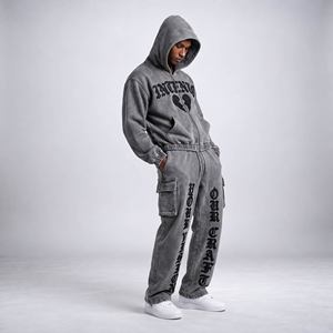 Men's 100% Cotton Solid <b>Grey</b> <b>Acid</b> <b>Washed</b> Zip up Hoodie and Cargo Sweatpants Set Gothic Letter Print Streetwear <b>Tracksuit</b> - Product Image 1