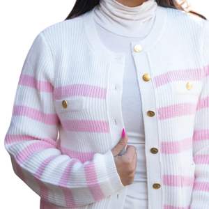 Cárdigan a Rayas Rosa y Blanco para Mujer, con Letras Griegas, Botones, Suéter de Punto, Estilo Casual y Elegante, Prenda Premium - Product Image 4
