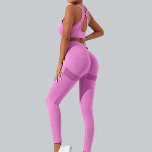 Ensemble de yoga 2 pièces pour femme, col rond, bretelles réglables, taille haute, sans couture, soutien-gorge et leggings sans manches en polyester/coton élastique - Product Image 2
