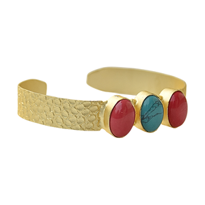 Gold Plated Cuff <b>Bracelet</b> With Coral and Turquoise Oval Stones Bohemia Style Unisex Jewelry Imitation stones - Product Image 5