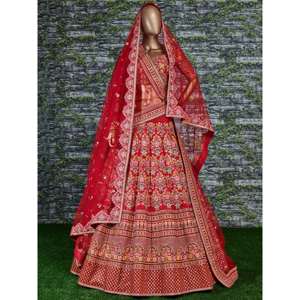 Impresionante ropa de Boda nupcial Lehenga Choli bordada en rojo con color y detalles impresionantes - Product Image 3