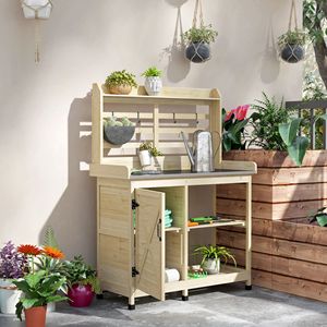 Banco da Giardinaggio in Legno Naturale con Lavello e Rubinetto per Uso Esterno in Cortili, Centri Commerciali, Giardini, Patii e Balconi - Product Image 2