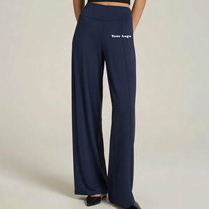 Pantalon large en coton tissé uni à taille haute pour femme, coupe ample, longueur intégrale, avec deux poches latérales - Product Image 1
