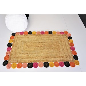 Tapis rectangulaire bohème fait main en jute, tissage plat, couleur unie beige avec bordure multicolore pour salon et usage domestique - Product Image 3