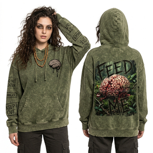 Sudadera con Capucha Personalizada Verde Oliva con Lavado Ácido para Mujer, Oversize, con Estampado Gráfico de Cerebro Desgastado, de Tejido Pesado, Estilo Streetwear - Product Image 1