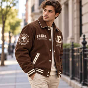 Chaqueta Varsity de Pana Marrón para Hombre, con Letras Bordadas, Cuello Camisero, Botones a Presión, Estilo Vintage, Precio Económico, OEM - Product Image 1
