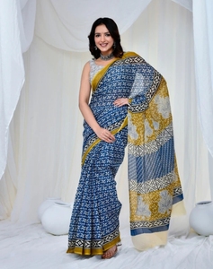 Sari en coton pur imprimé géométrique et floral pour femme KV avec chemisier non cousu (bleu) - Réversible, séchage rapide, idéal pour mariage/fête d'automne - Product Image 2