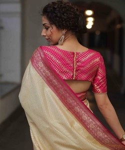 Sari tradicional indio de seda con borde rosa y blusa para bodas, sari largo hasta el suelo para mujer de la India y Pakistán - Product Image 2