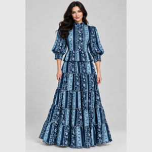 Robe longue bleue à rayures florales pour femme avec manches bouffantes, taille peplum et jupe à volants - Product Image 1