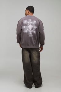Sudadera gris lavada de cuello redondo para hombre con hombros caídos y estampado trasero, de forro polar, estilo urbano - Product Image 3