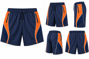 <b>Mens</b> Navy <b>Orange</b> Breathable Sport <b>Shorts</b> Mesh Side Panels Front Logo Elastic Drawstring Waist Zip Pockets for Running Training - Product Image 6