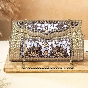Gold Plated Brass Antique Enamel Embossed Kundan Mosaic Chain <b>Bag</b> <b>Clutch</b> <b>White</b> Stone Wedding Gift for Birthday Party - Product Image 5