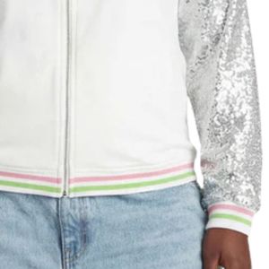 AKA Silver Star <b>Sequin</b> Bomber <b>Jacket</b> Women White Zip Up Coat Sparkle Sleeve Stylish Greek Sorority Casual Fashion Outerwear - Product Image 4