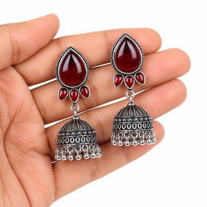 Oxidized <b>Silver</b> Red Stone Bollywood Jhumka <b>Earrings</b> Handmade Teardrop <b>Dangle</b> Ethnic Indian Statement <b>Earrings</b> for Women - Product Image 3