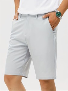 Shorts Bermuda Homme Gris Clair Taille Moyenne Couleur Unie Boutons Devant Poches Décontracté Tissu Oxford Polyester Respirant - Product Image 1