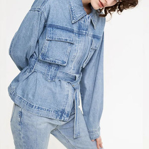 <b>Women's</b> Light Blue Denim Safari Jacket Full Sleeve Turn-down Collar Washed Cotton Utility Style <b>Belt</b> Closure Autumn Wear - Product Image 2