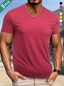 Men's V-Neck Short Sleeve Solid Color Quick Dry T-Shirt Regular Fit Casual Knitted Polyester 5-<b>Pack</b> made Bangladesh manufacture - Product Image 2