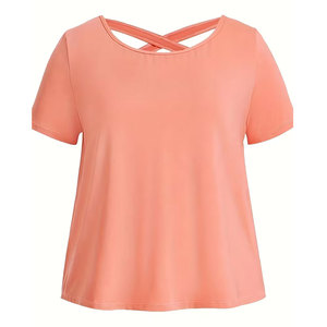 Reasonable Price Plus size Women Three piece Set Solid Color Short-sleeve Top with Back Crisscross Straps And <b>Leggings</b> - Product Image 2