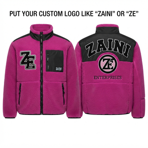 Premium 320 GSM Sherpa Polar Fleece Men <b>Jacket</b> <b>Pink</b> Black Contrast Panel Custom Embroidery Chenille Patch Printed Logo OEM - Product Image 1
