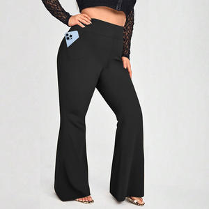 Customized High Waisted Flare <b>Pants</b> With Side Pockets Breathable Knitted Spandex Polyester Casual Spring Wear - Product Image 2