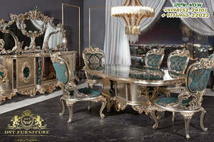 Muebles de comedor tallados en bronce antiguo, juego de mesa de comedor de acabado tradicional italiano, tapicería de lujo - Product Image 3