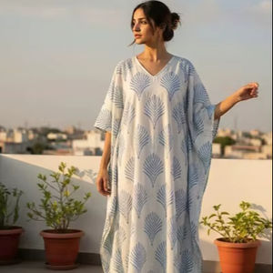 Kaftan en coton imprimé à la main pour femme, style bohème, tenue de plage, robe d'été ample, kaftan indien fait main - Product Image 1