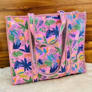 Sac fourre-tout en coton matelassé de luxe, imprimé floral jungle, sacs à bandoulière réutilisables, sacs de shopping écologiques de grande taille - Product Image 5