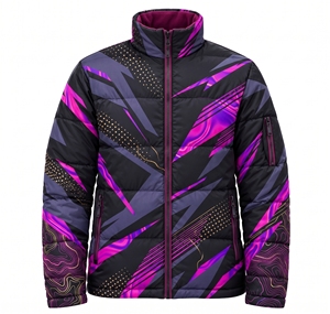 custom unisex sublimated puffer jacket winter warm purple neon geometric print <b>bubble</b> <b>coat</b> padded insulated outdoor <b>coat</b> jacket - Product Image 1
