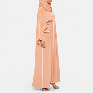 Abaya décontractée en polyester à manches longues et ouverture frontale, col en V, passepoil contrastant, manches larges, avec foulard assorti, printemps-automne, vente en gros - Product Image 2