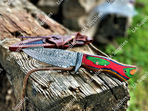 Cuchillo Táctico de Supervivencia y Camping de Acero de Damasco de Grado Industrial de Alta Calidad con Hoja Fija de Punta Caída y Mango de Madera Pakka con Funda de Cuero - Product Image 3