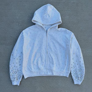 Sudadera con capucha y cremallera personalizada de calidad premium, 100% algodón polar, estilo urbano con pedrería brillante, bordada para otoño - Product Image 1