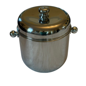 Barware Stainless Steel Double <b>Walled</b> Insulated Round Ice Bucket With Acacia Wood Lid and Tongs <b>Set</b> <b>Mirror</b> Polished Wine Cooler - Product Image 5