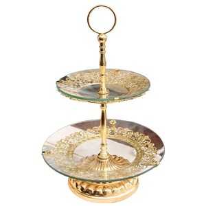 Three Tier Glass Serving Tray Stand Round Traditional Floral Design Gold Plated Decorative Wedding Use - Product Image 1