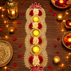 Camino de mesa para velas de Diwali con rosas rojas, encaje de perlas y portavelas dorados para decoración de bodas y hogar. - Product Image 3