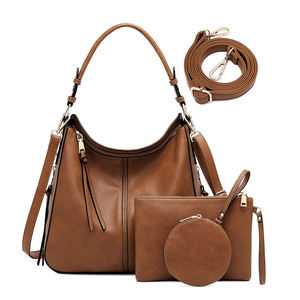 Ensemble de sacs à main hobo en cuir véritable marron avec fermeture éclair, sac à bandoulière avec pochette et sangle pour femmes - Product Image 1