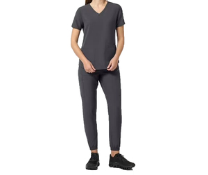 Factory Price Knitted Solid Color V Neck Zipper <b>Scrub</b> <b>Top</b> and Jogger Leg Pants Set Professional Uniform <b>Scrubs</b> for Nursing - Product Image 1
