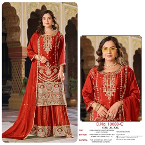 Salwar Kameez en pure soie Chinnon avec broderies riches pour femmes, taille XL-XXL, tenue traditionnelle indienne pour mariage - Product Image 4