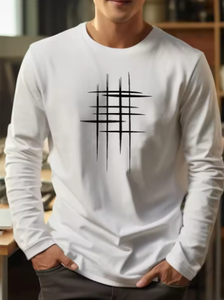 Chemise décontractée pour homme en coton blanc à manches longues, imprimé géométrique sur le devant, respirante, tricotée, coupe ajustée, pour le printemps, à porter au quotidien, chemise tendance - Product Image 4