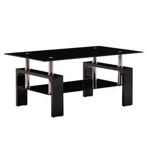 Table basse rectangulaire noire moderne avec plateau en verre et étagère latérale pour salon - Product Image 1