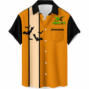 Chemise décontractée à manches courtes pour homme Vantex Sports, imprimé floral orange et noir, respirante, en popeline 100% polyester, boutonnage simple - Product Image 1