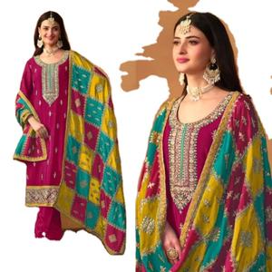 FATEMA FASHION Traje Salwar de Seda Chinon Ligero con Estampado en Relieve para Mujer, Estilo Indio Pakistaní, Diseño Étnico Moderno para Fiesta - Product Image 1