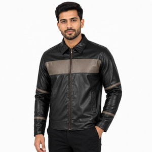 Veste en cuir synthétique pour homme sur mesure, avec empiècements contrastés, fermeture éclair, style streetwear décontracté, color blocking, OEM, marque privée - Product Image 5