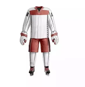 Ensemble de maillots de hockey sur glace pour hommes, blanc et rouge, blocs de couleur, manches longues, polyester sublimé, coupe classique, vêtements pour adultes toutes saisons - Product Image 1