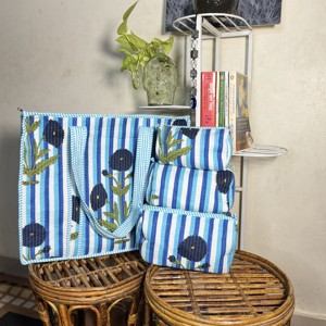 Bolso Tote Acolchado de Algodón, Estilo Vintage, con Estampado Floral y Rayas, con Cierre, para el Hombro, para Viajes Diarios y Playa - Product Image 3