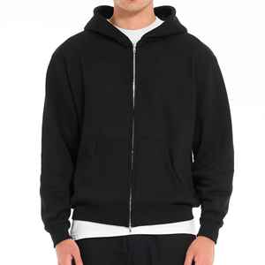 Sudadera con Capucha y Cierre para Hombre, Negra, 100% Algodón, Felpa, Corte Regular, Informal, para Otoño, Tejida, Color Sólido - Product Image 1