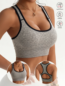 Women Solid Color Scoop <b>Neck</b> Racerback Sports <b>Bra</b> Medium Support Breathable Fitness Top Contrast Binding Gray - Product Image 3