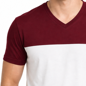 Camiseta clásica de cuello en V bicolor al por mayor, en rojo granate y blanco, con logo personalizado y diseño colorblock. - Product Image 3