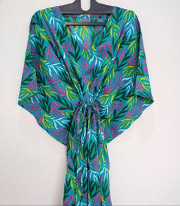 Robe Kaftan en Coton à Imprimé Feuilles de Palmier et Dentelle, Style Vintage, Longueur Genou, Cache-maillot de Plage Indien, Col en V, Manches 3/4, Légère, Vêtement de Nuit - Product Image 1